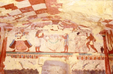 Wall Depicting Musicians, Dancers and Dolphins, from the Tomb of the Lionesses in the Necropolis, c.520 BC